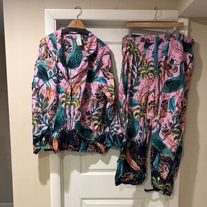 Anthropologie Pink and Green Peacock Patterned Pajamas